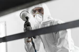 A person wearing a white protective suit, gloves, goggles, and a mask is holding a spray gun, applying high-capacity industrial powder coating—ideal for Minnesota manufacturers—in an industrial or laboratory setting.