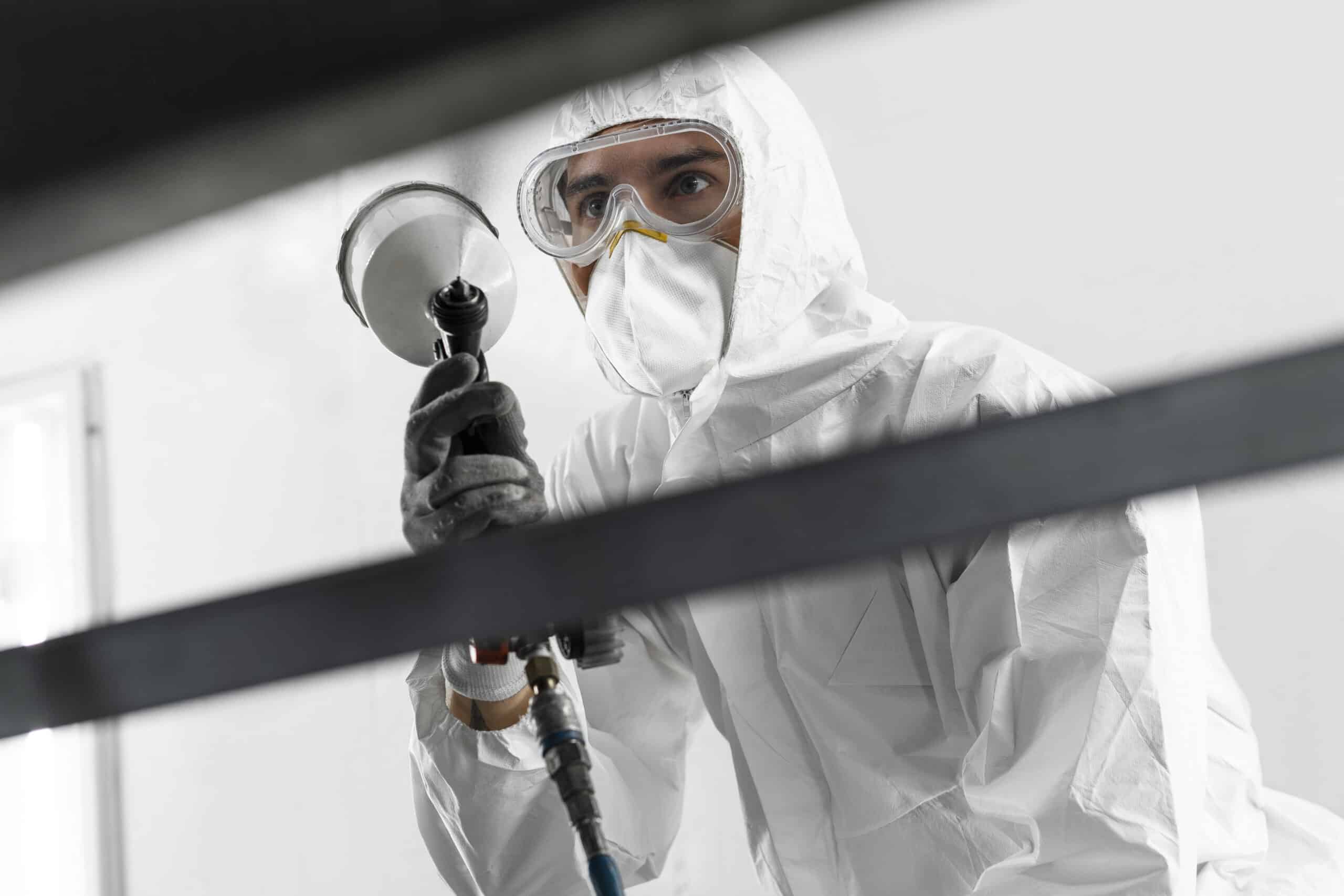 A person wearing a white protective suit, gloves, goggles, and a mask is holding a spray gun, applying high-capacity industrial powder coating—ideal for Minnesota manufacturers—in an industrial or laboratory setting.